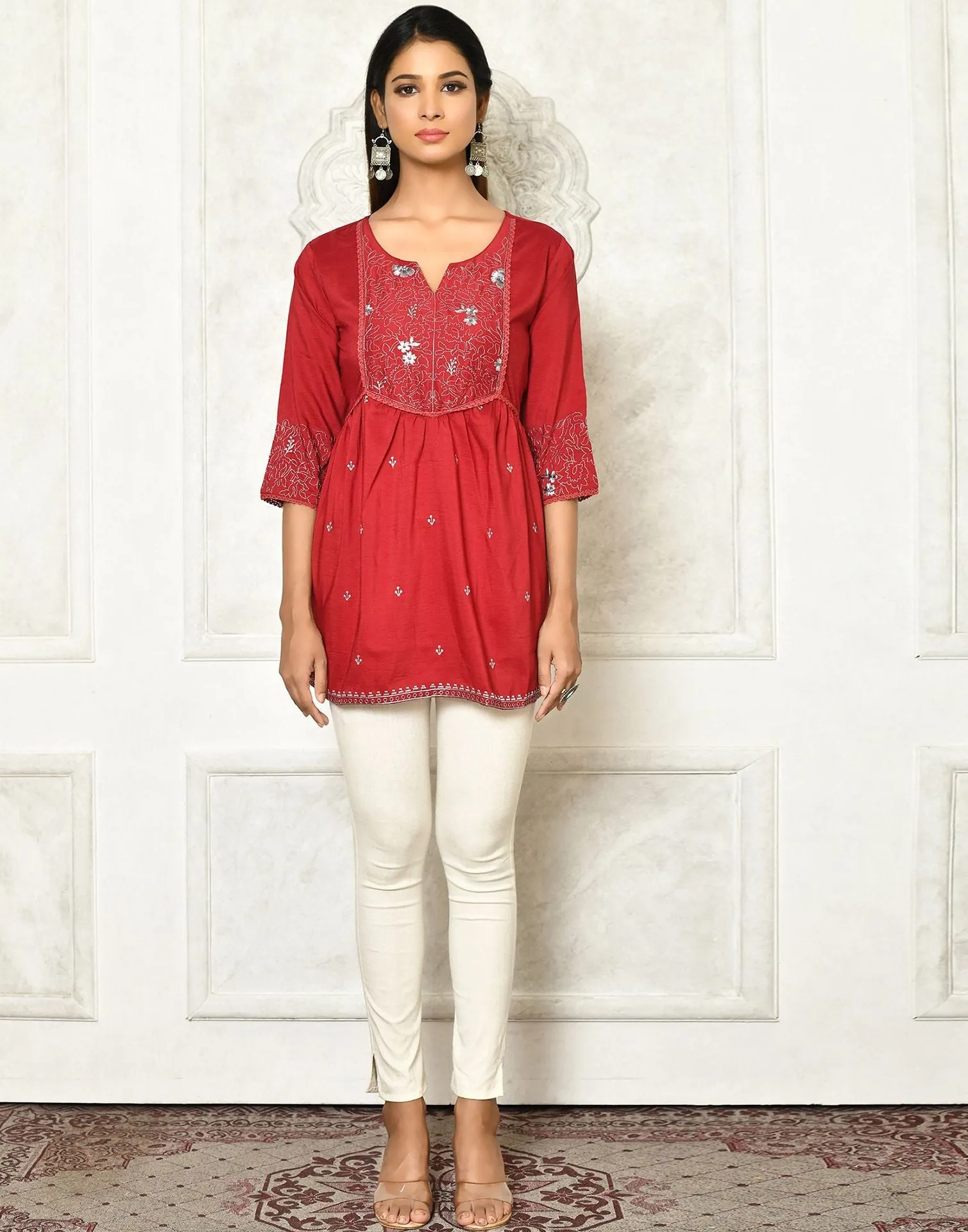 Maroon Viscose Embroidery Tunic Top