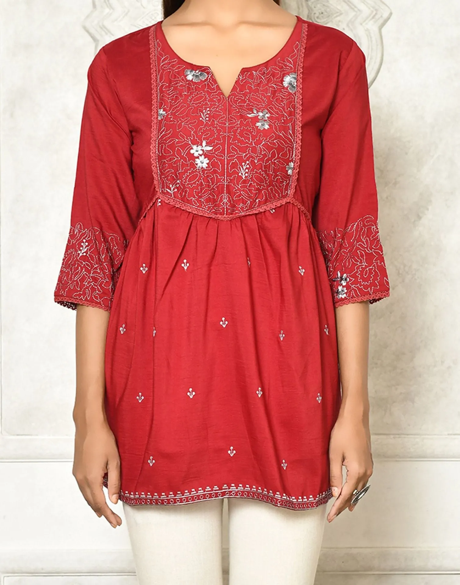 Maroon Viscose Embroidery Tunic Top