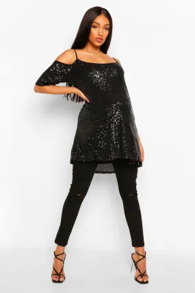 Maternity Cold Shoulder Tunic Sequin Top