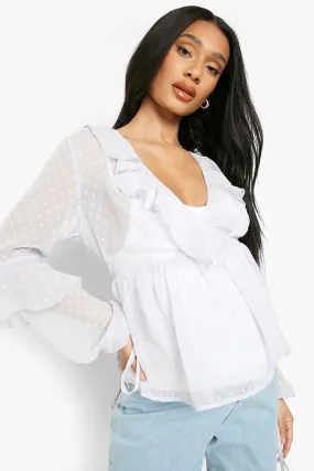 Maternity Dobby Wrap Ruffle Sleeve Blouse