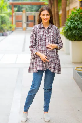 Mocha Check Gathered Maternity & Nursing Top