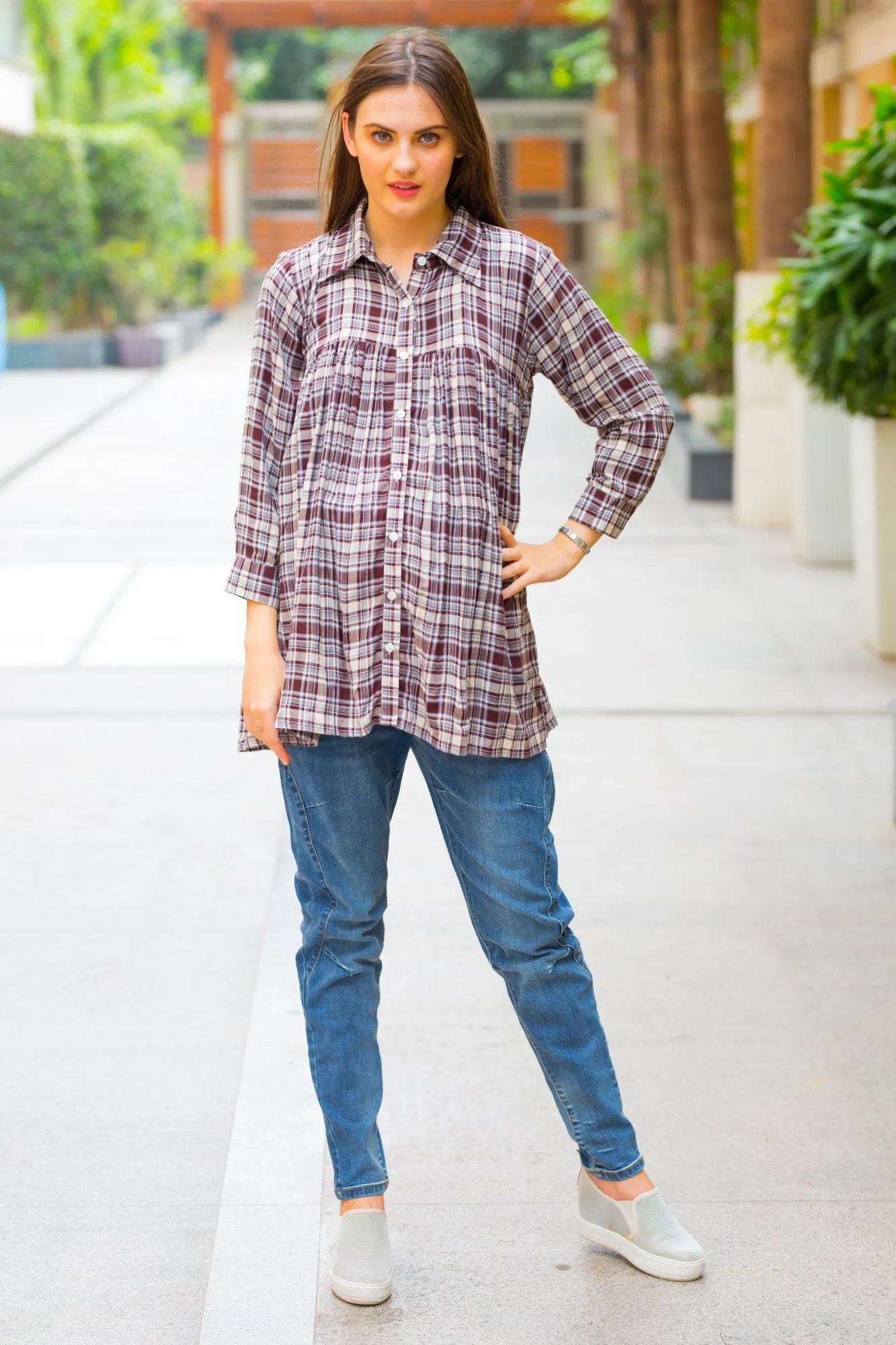 Mocha Check Gathered Maternity & Nursing Top