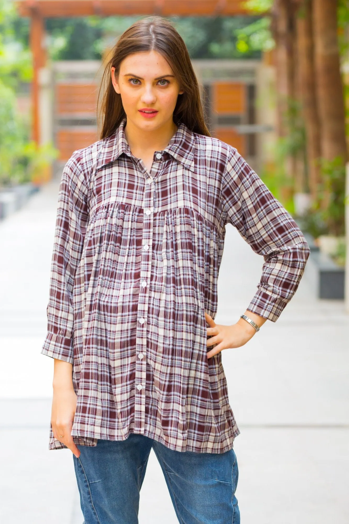 Mocha Check Gathered Maternity & Nursing Top