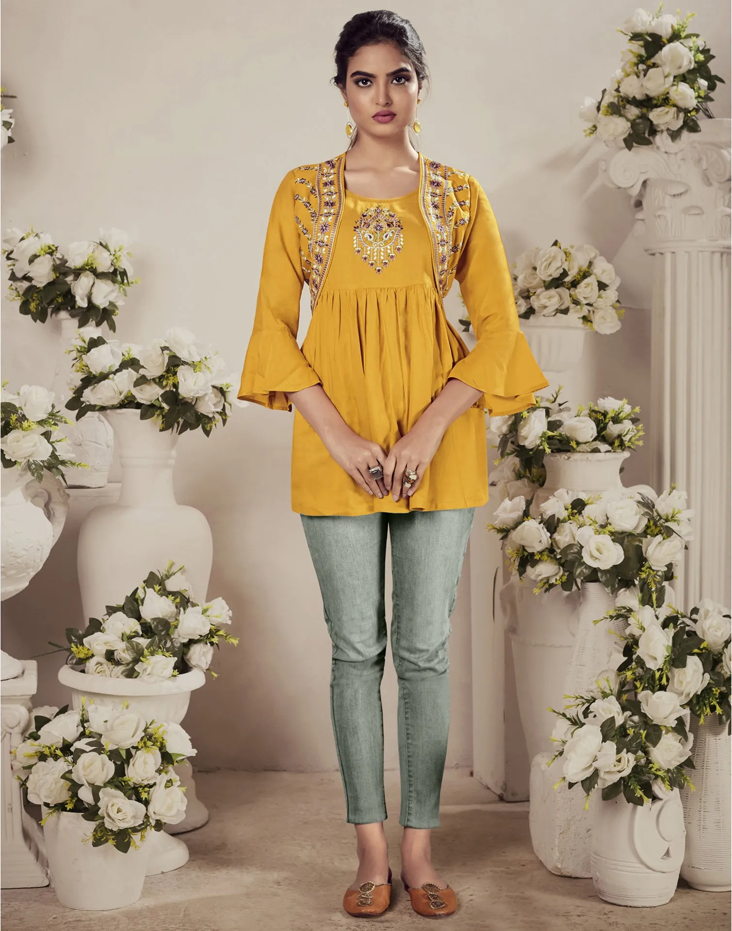 Mustred Yellow Rayon Tunic Top