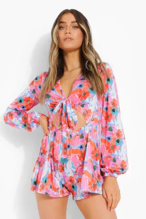 Neon Floral Plunge Cut Out Tie Romper