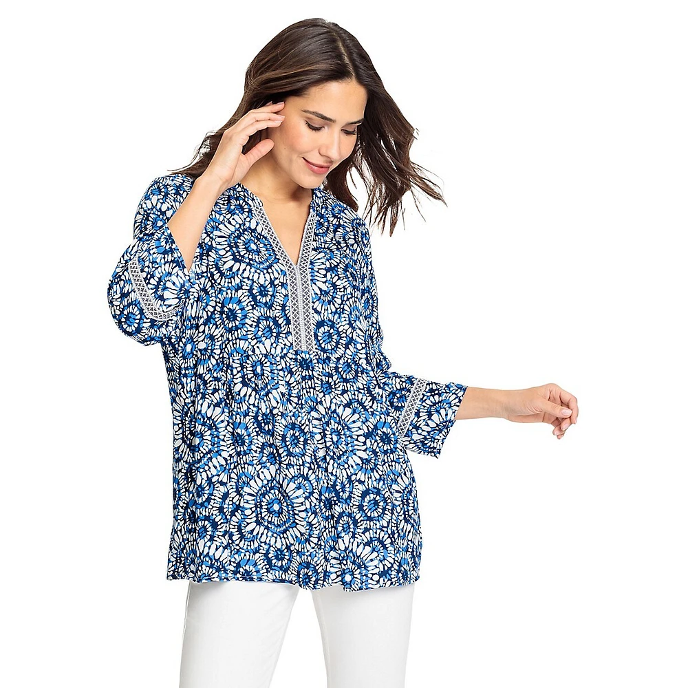 Olsen Printed Trim Viscose Splitneck Tunic Blouse