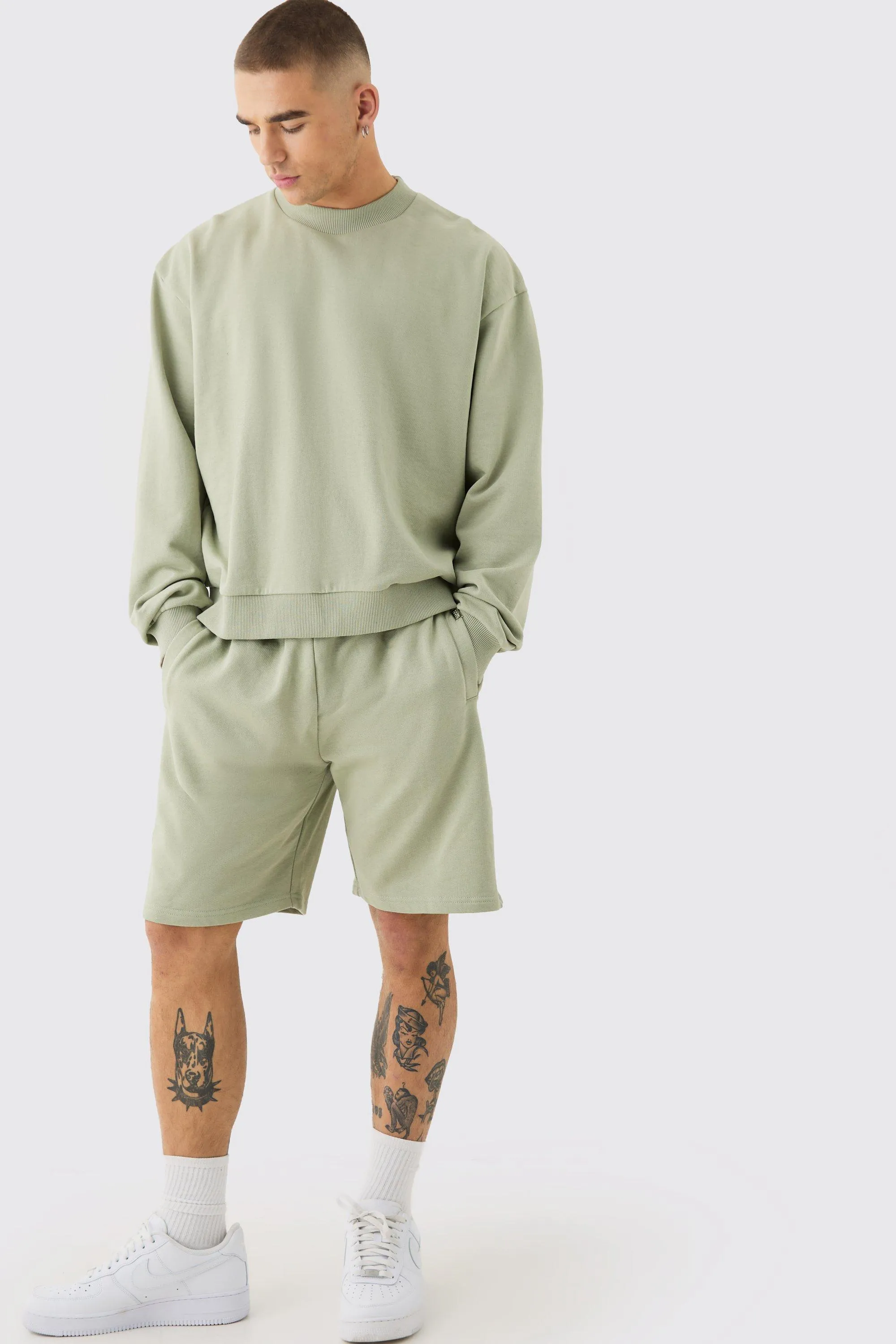 Oversized Extended Neck Heavyweight Sweatshirt Short Tracksuit | boohooMAN UK