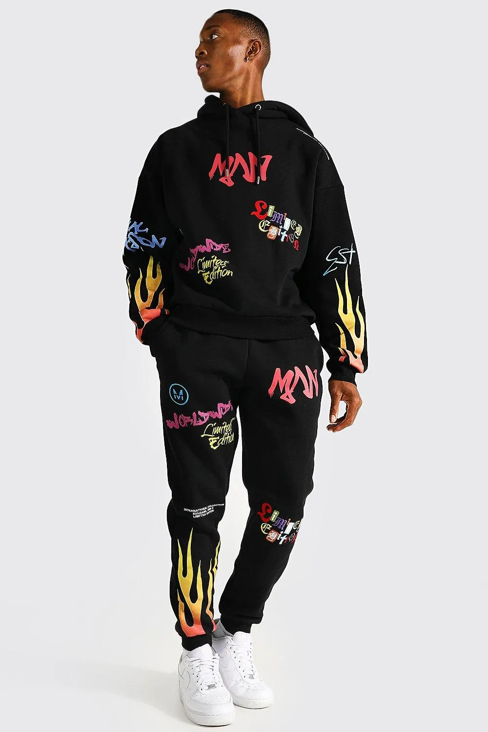 Oversized Man Flame Graffiti Tracksuit | boohooMAN UK