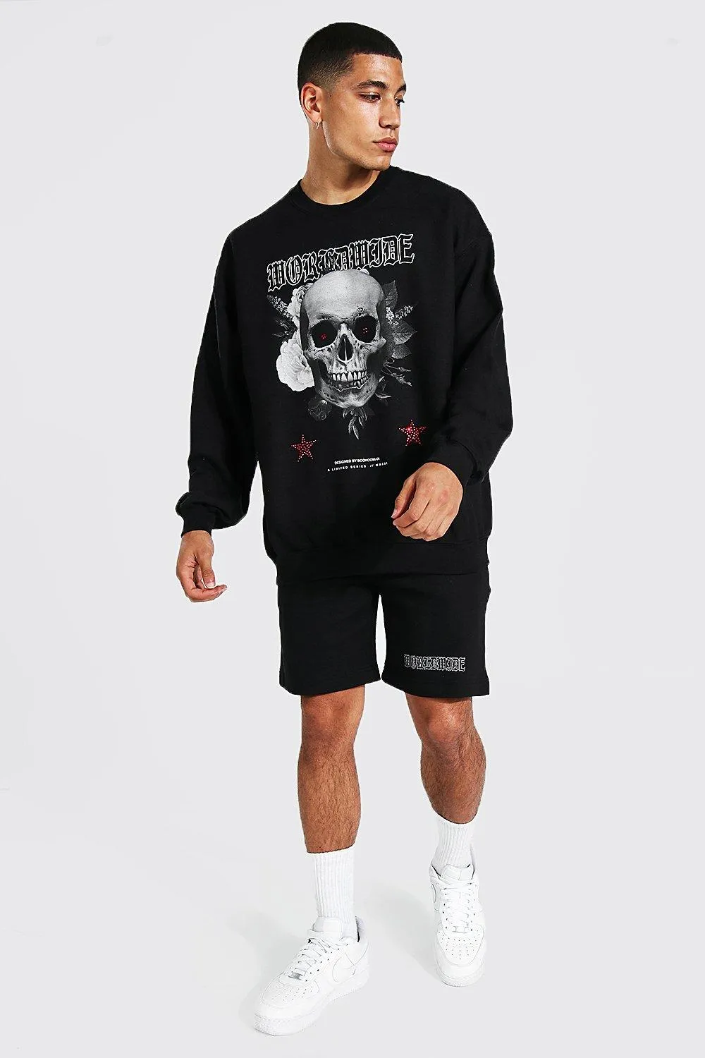 Oversized Skull Rhinestone Short Tracksuit | boohooMAN UK