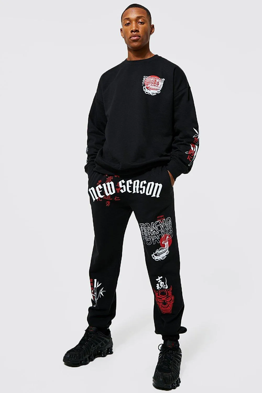 Oversized Tokyo Graphic Sweatshirt Tracksuit | boohooMAN UK