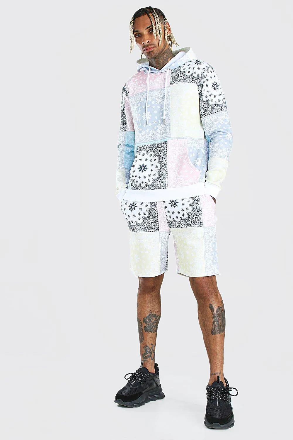 Pastel Repeat Bandana Print Hooded Short Tracksuit | boohooMAN UK