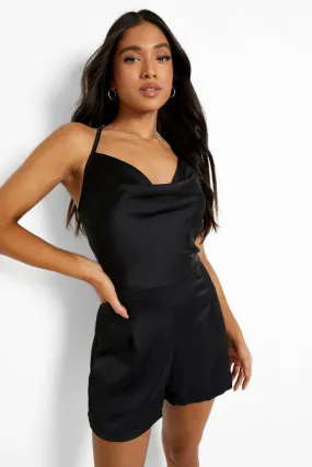 Petite Cowl Neck Open Back Satin Romper