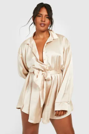 Plus Satin Collar Detail Shirt Romper