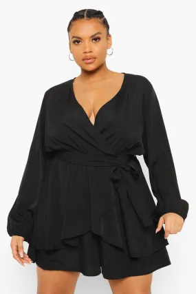 Plus Wrap Front Frill Long Sleeve Romper