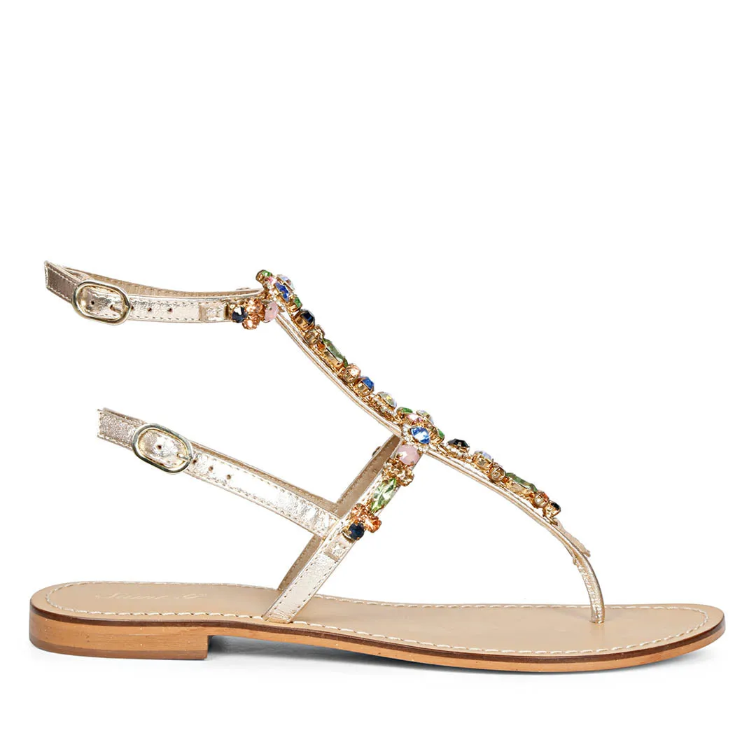 Saint Zuri Multi Stone Embellished Platin Leather Sandals