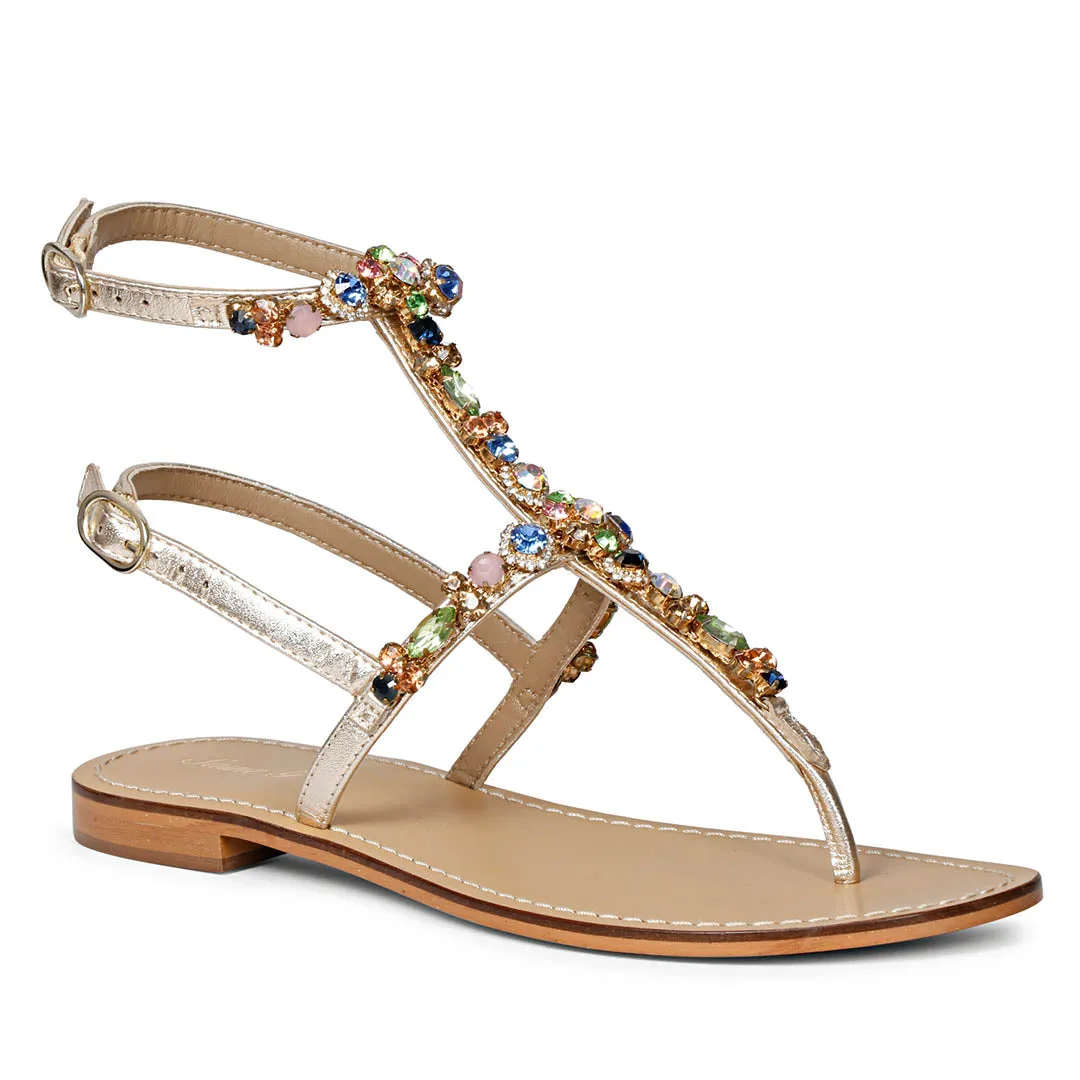 Saint Zuri Multi Stone Embellished Platin Leather Sandals