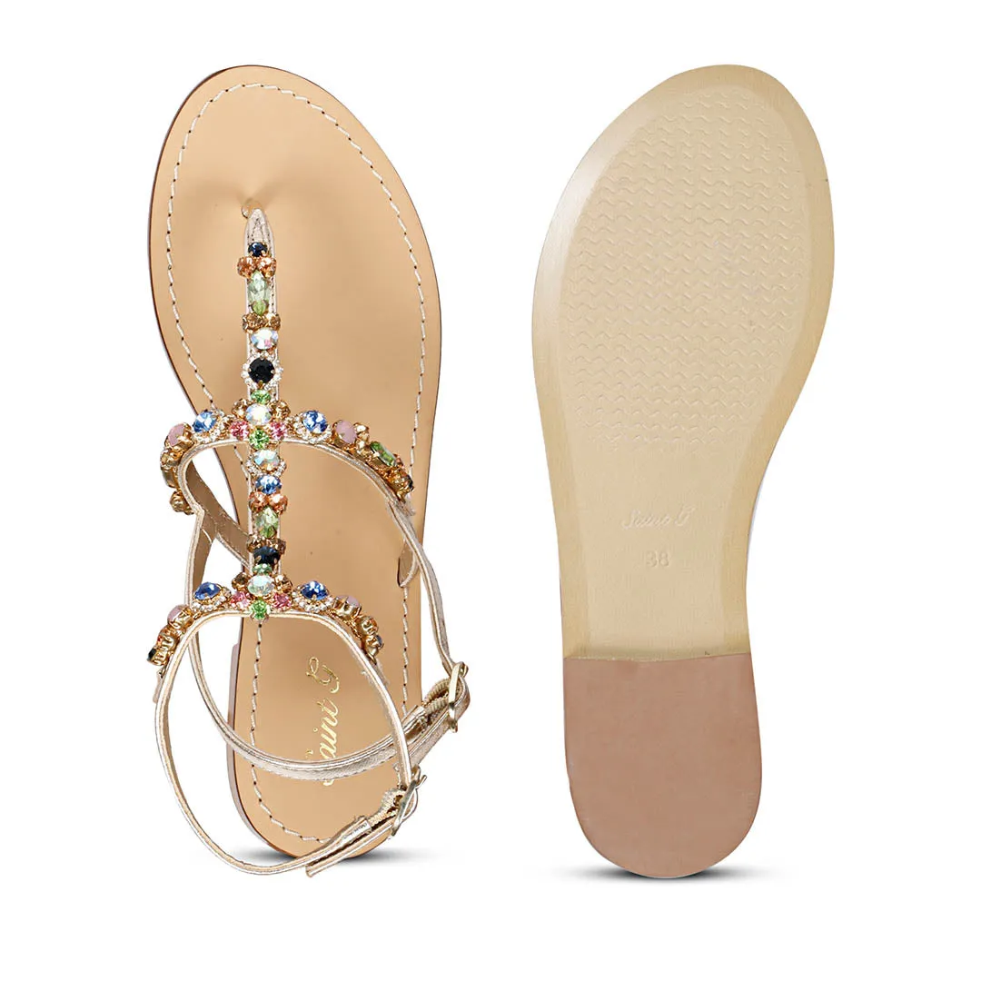 Saint Zuri Multi Stone Embellished Platin Leather Sandals