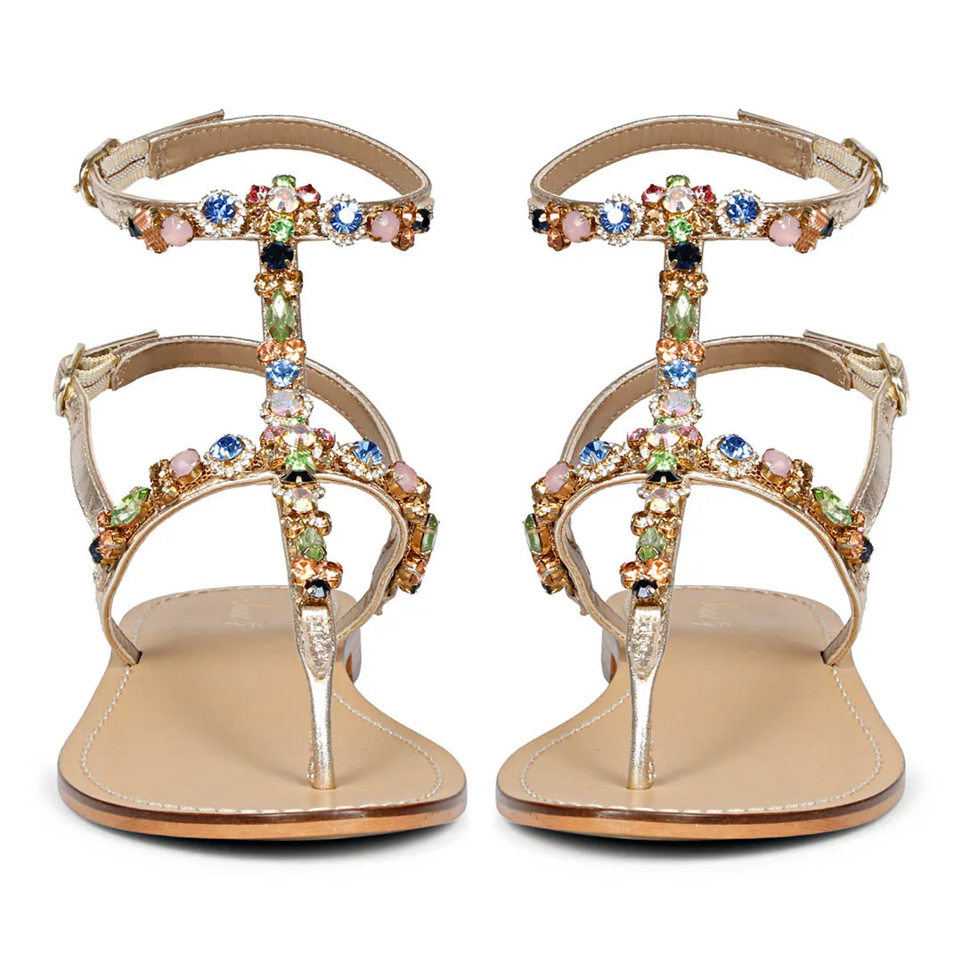 Saint Zuri Multi Stone Embellished Platin Leather Sandals