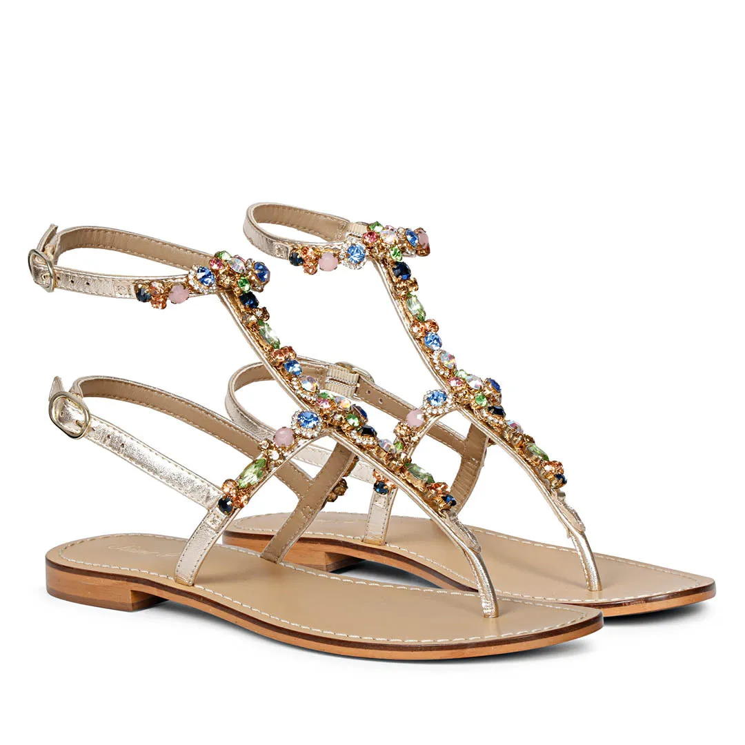 Saint Zuri Multi Stone Embellished Platin Leather Sandals