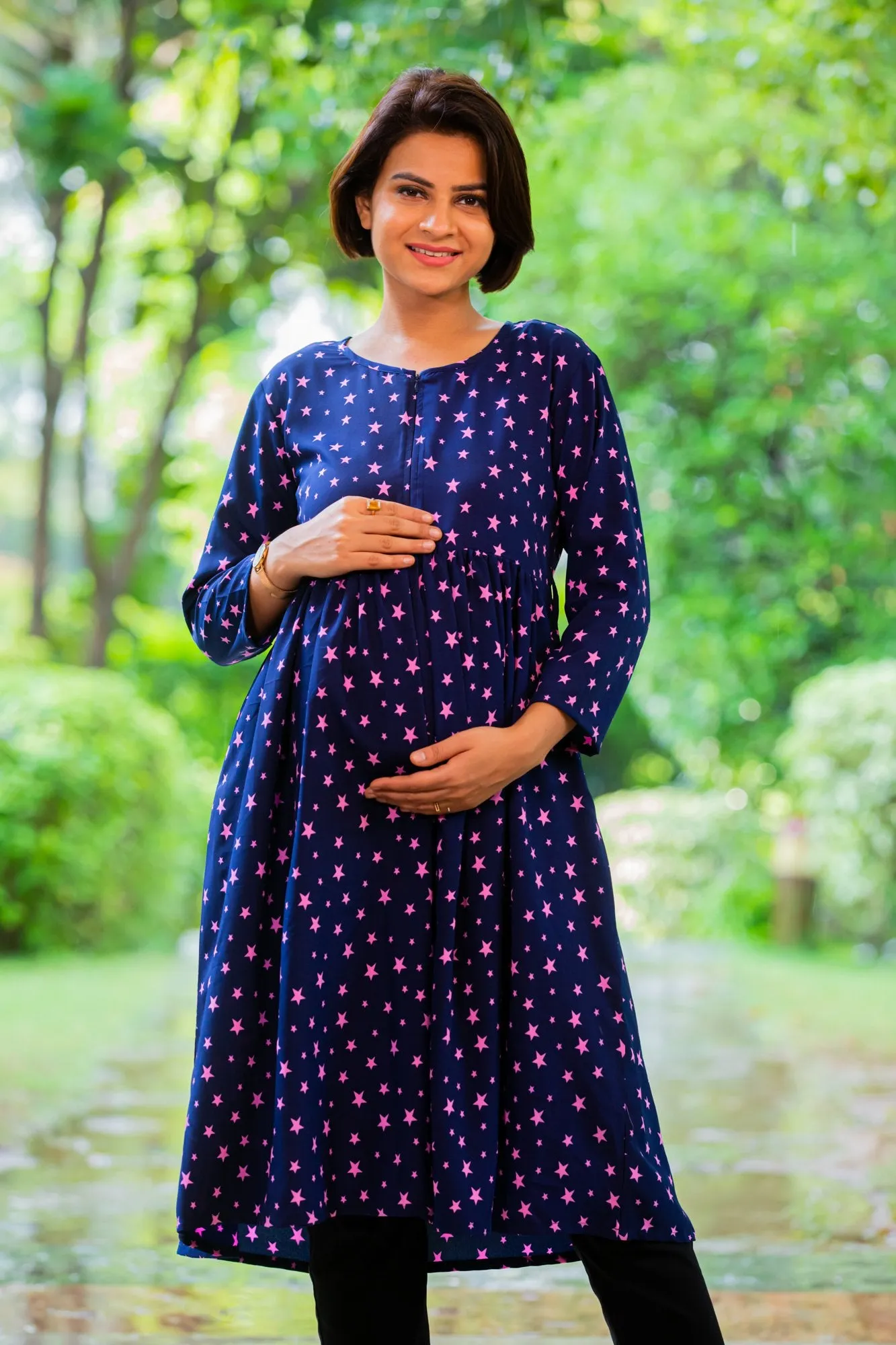 Starry Blue Maternity & Nursing Crepe Swing Dress