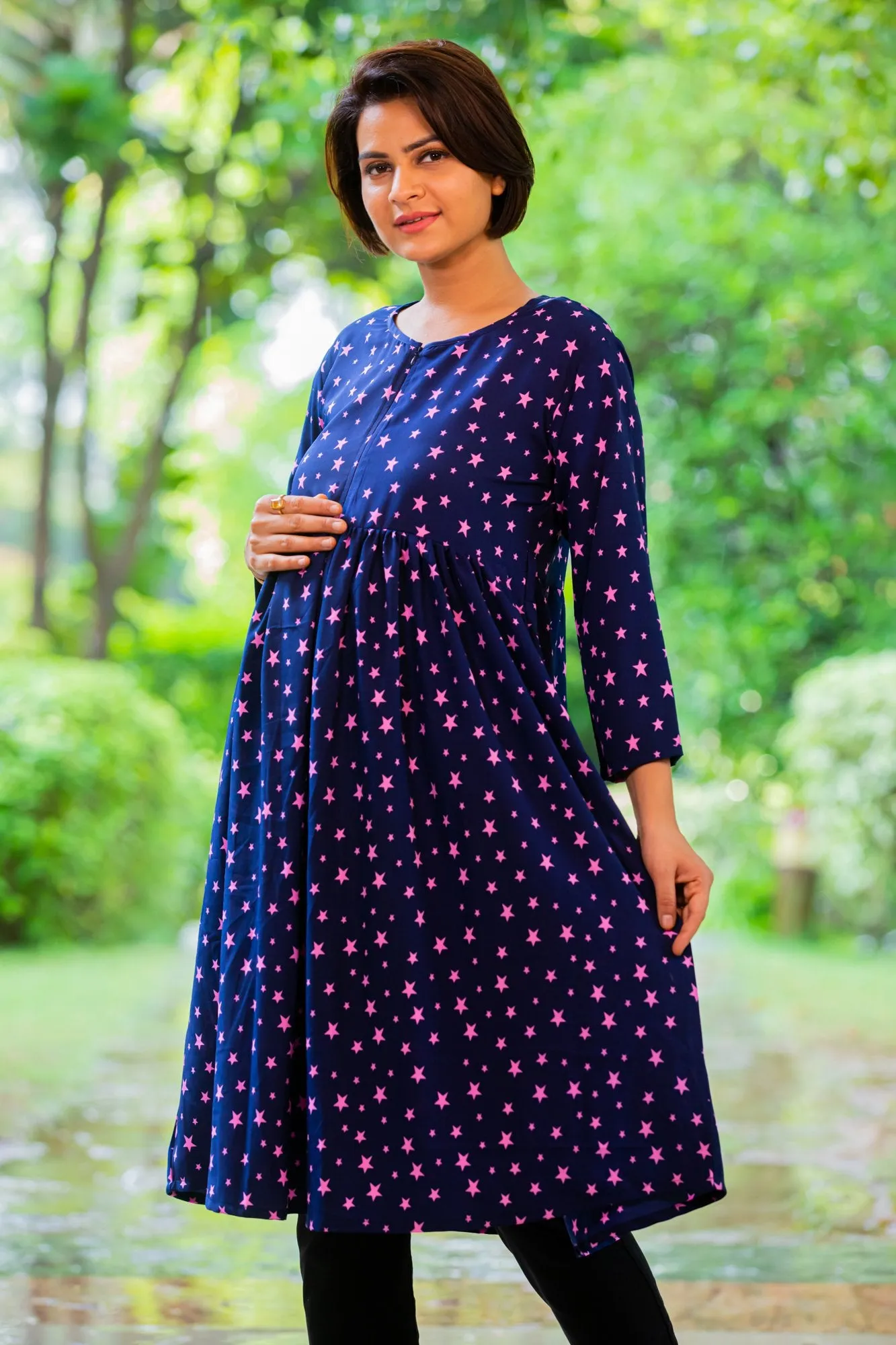 Starry Blue Maternity & Nursing Crepe Swing Dress