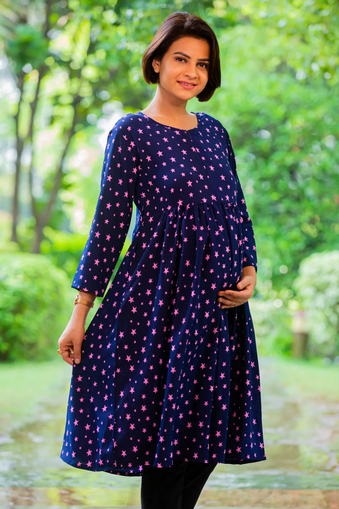 Starry Blue Maternity & Nursing Crepe Swing Dress