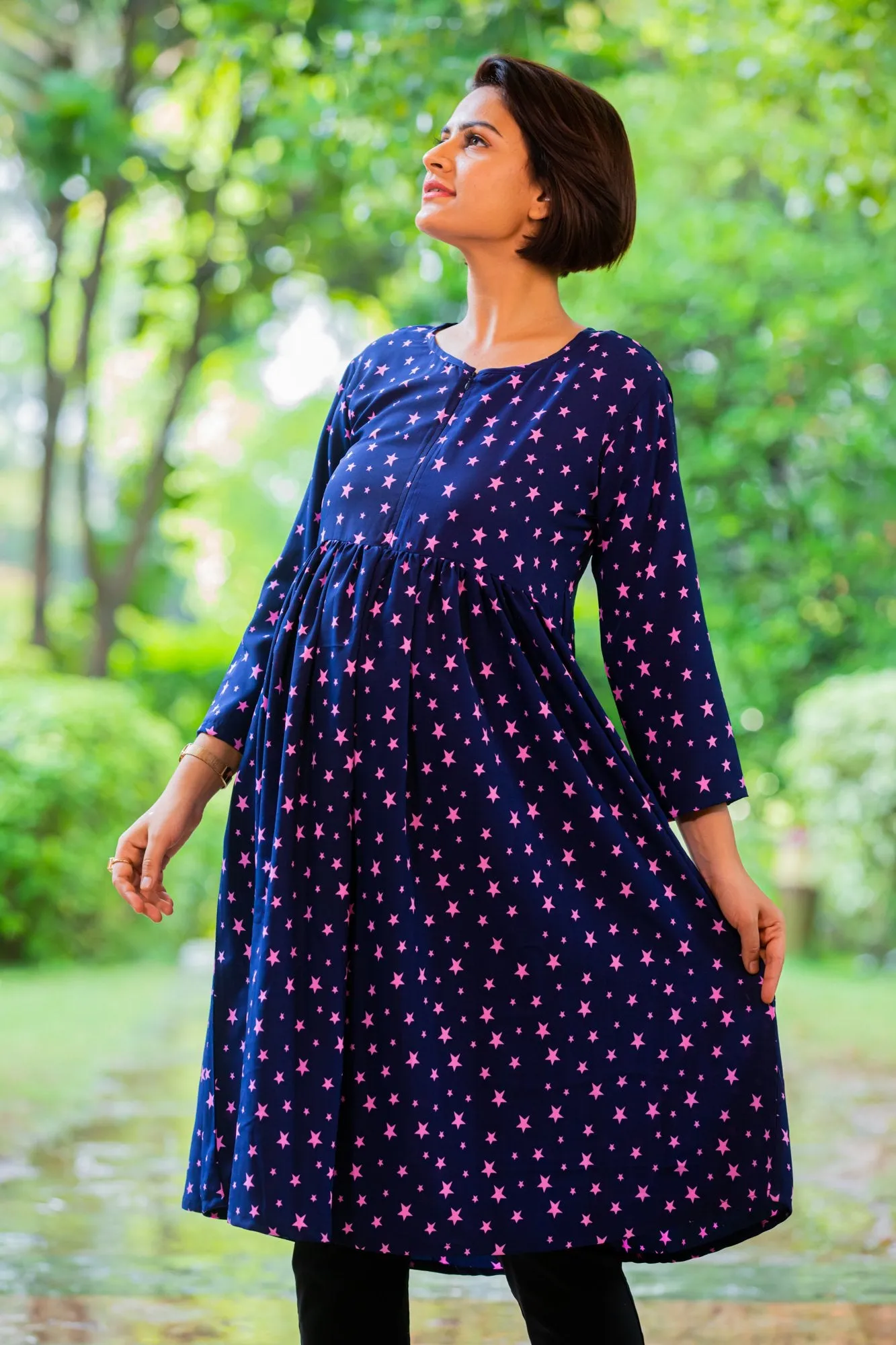 Starry Blue Maternity & Nursing Crepe Swing Dress