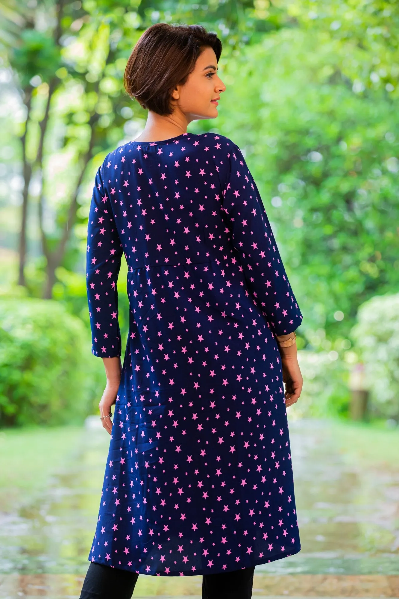 Starry Blue Maternity & Nursing Crepe Swing Dress