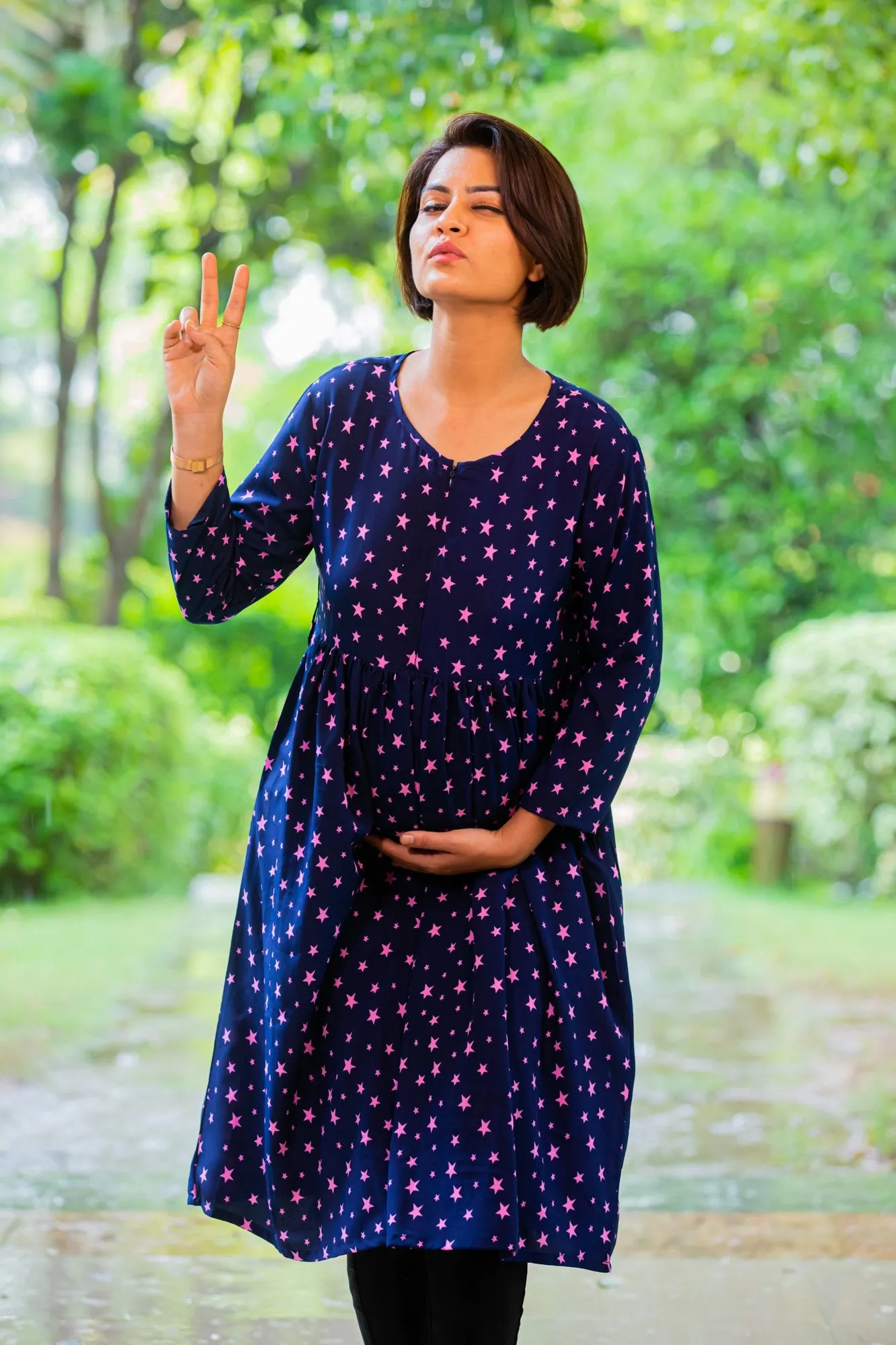 Starry Blue Maternity & Nursing Crepe Swing Dress