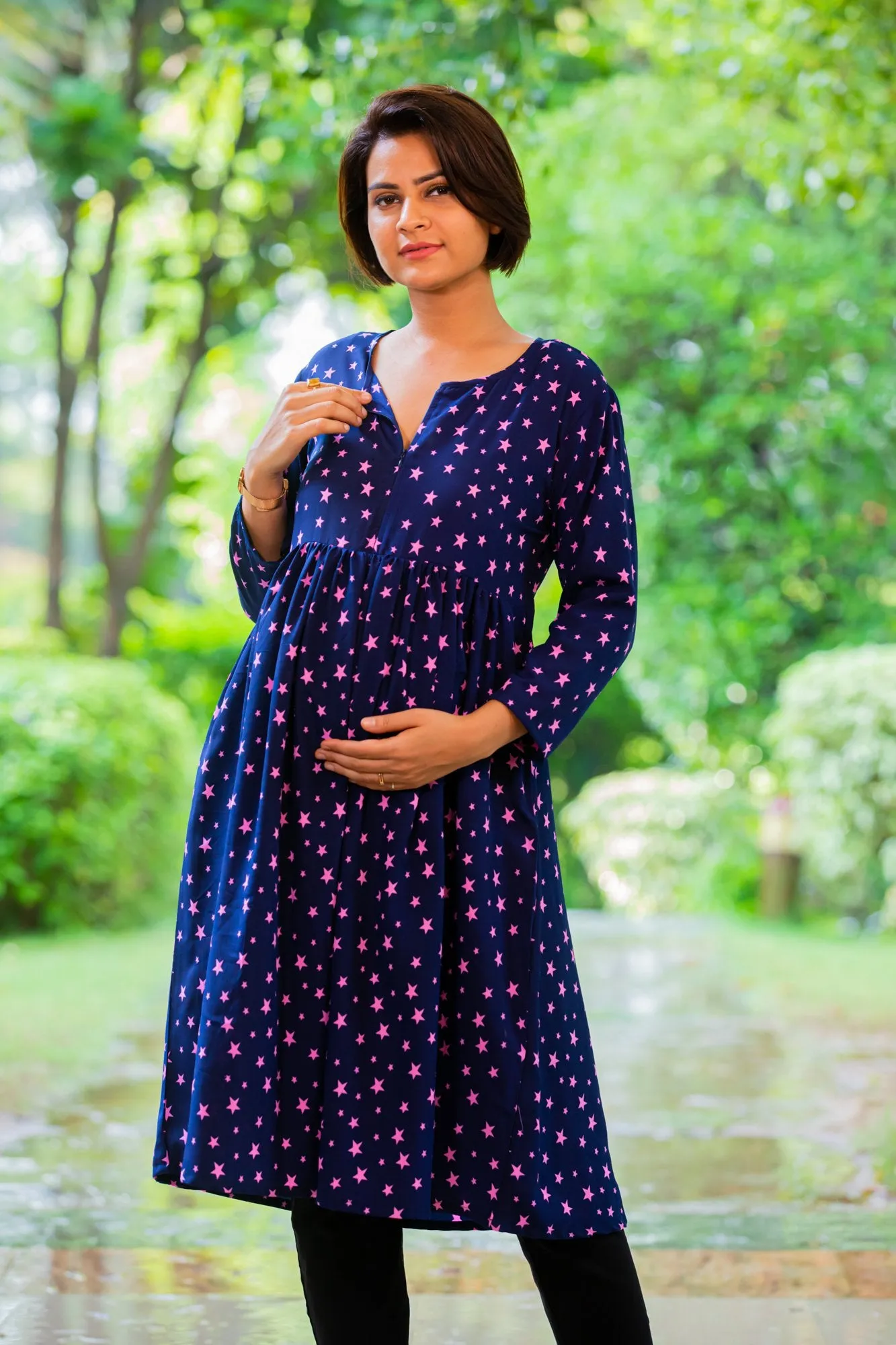 Starry Blue Maternity & Nursing Crepe Swing Dress