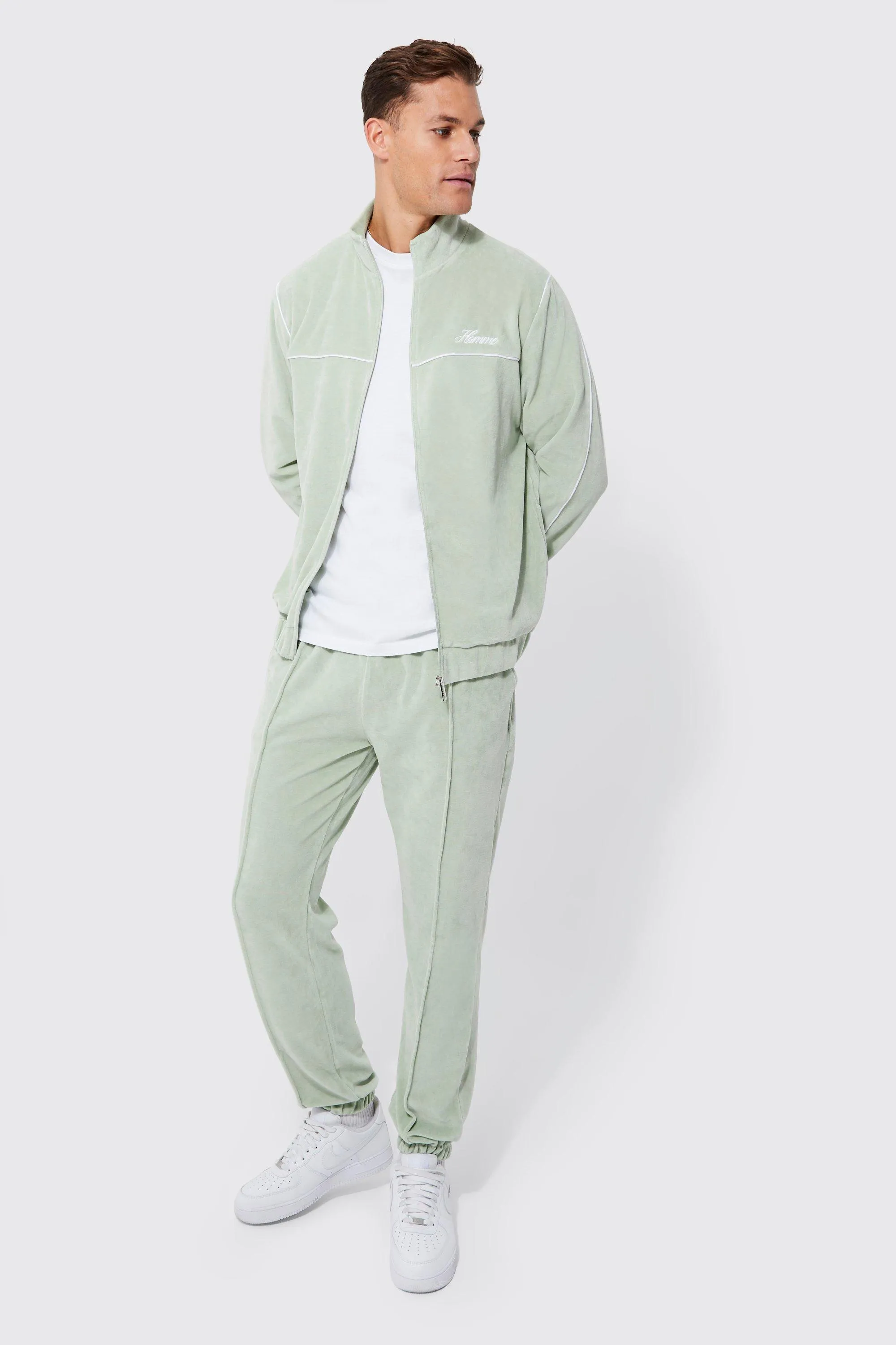 Tall 1/4 Zip Funnel Neck Velour Tracksuit | boohooMAN UK