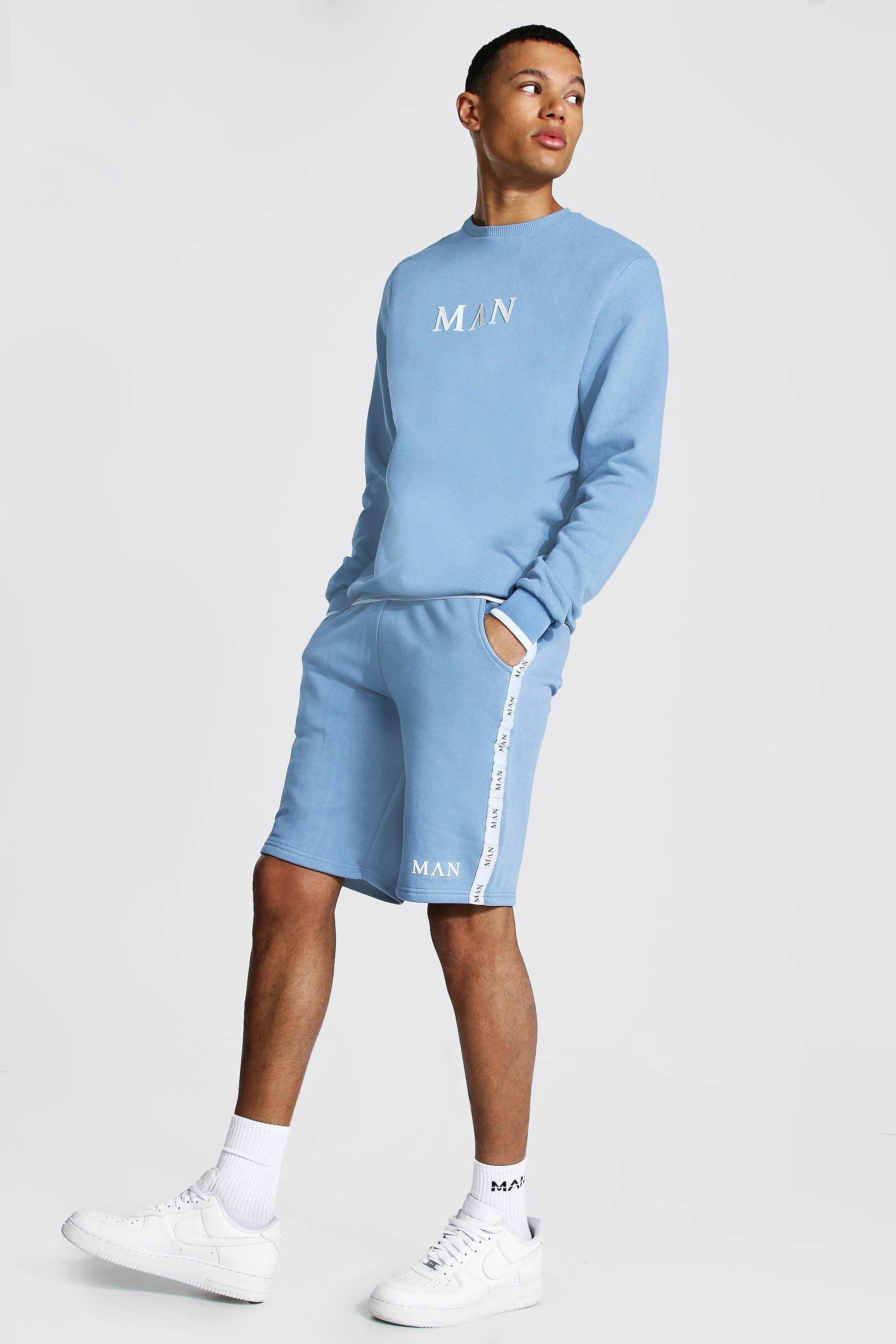 Tall Man Roman Short Tracksuit With Tape | boohooMAN UK