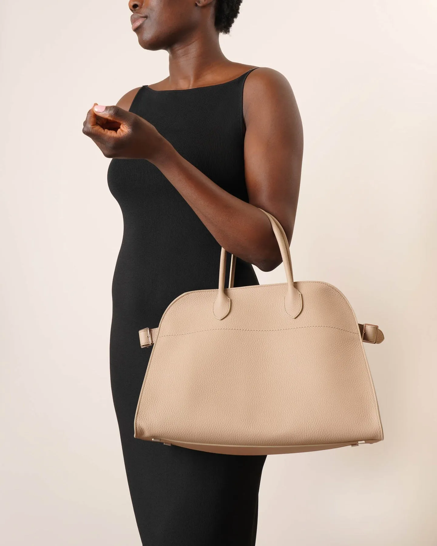 The Row Soft Margaux 15 dark taupe grain leather bag