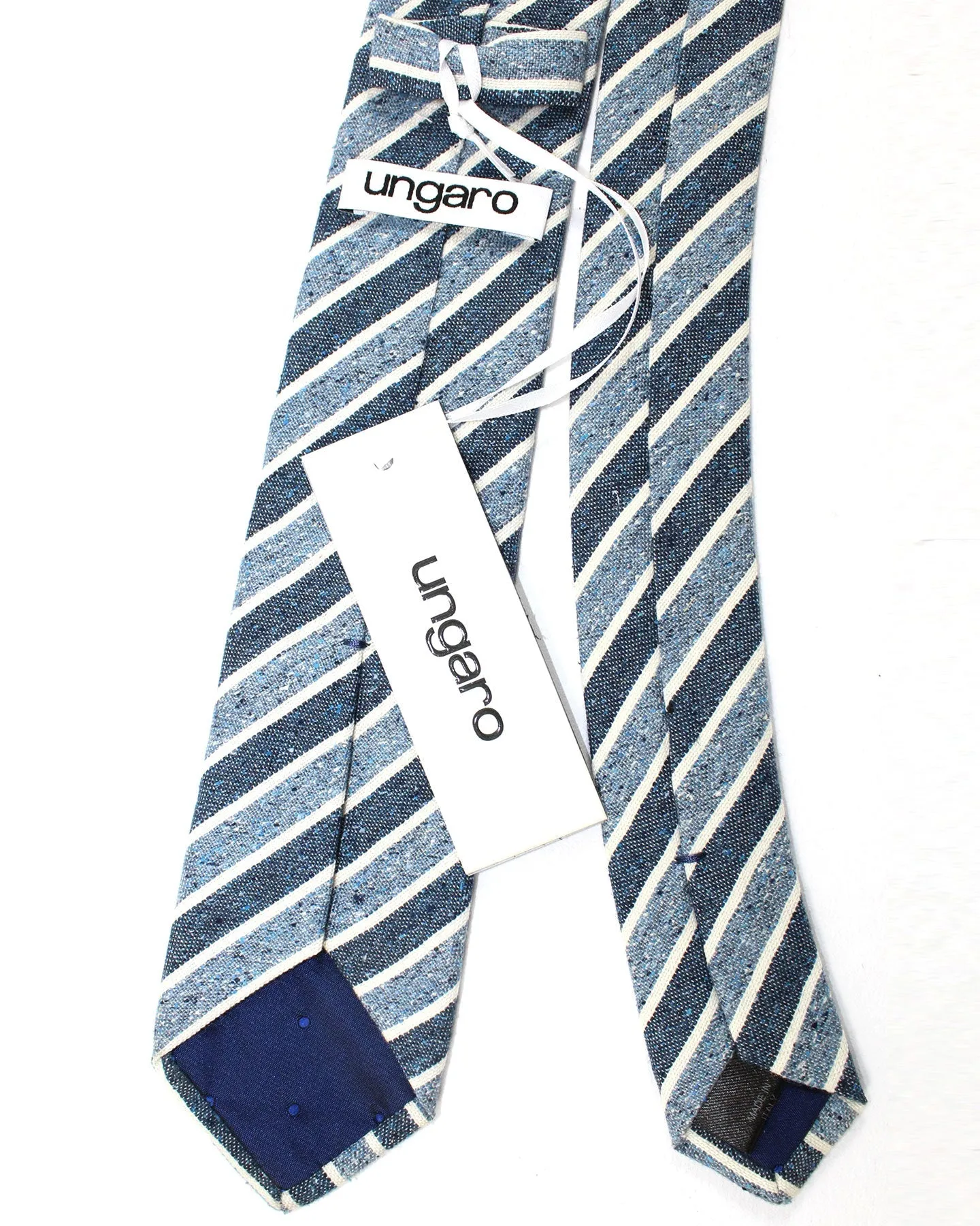 Ungaro Silk Tie Dark Blue Metal Blue Stripes - Skinny Designer Necktie SALE