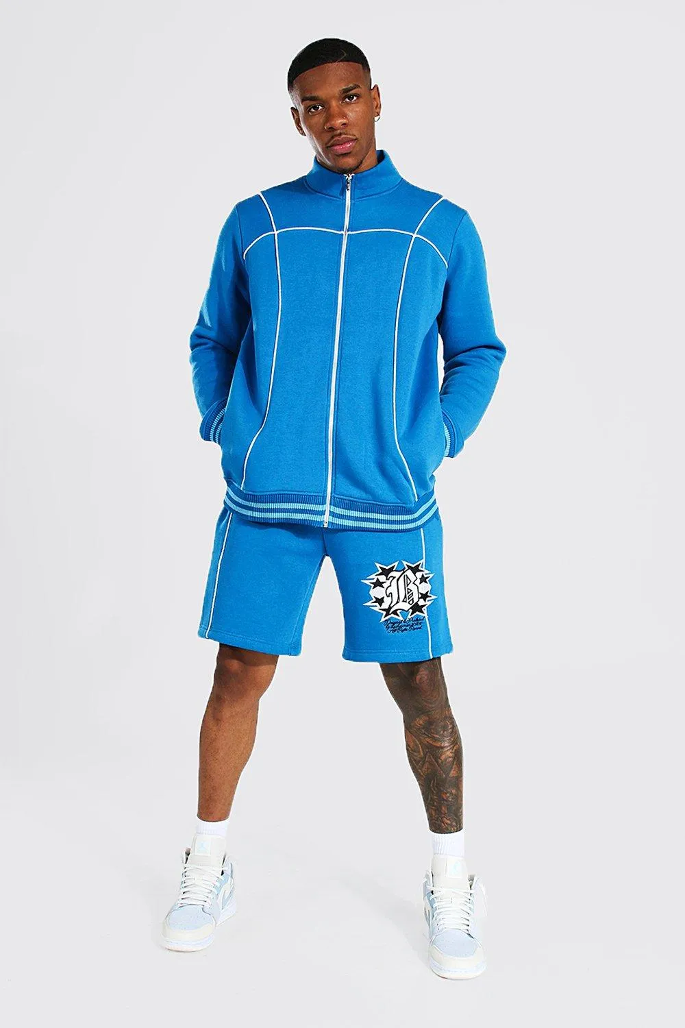 Varsity Zip Thru Funnel Neck Short Tracksuit | boohooMAN UK