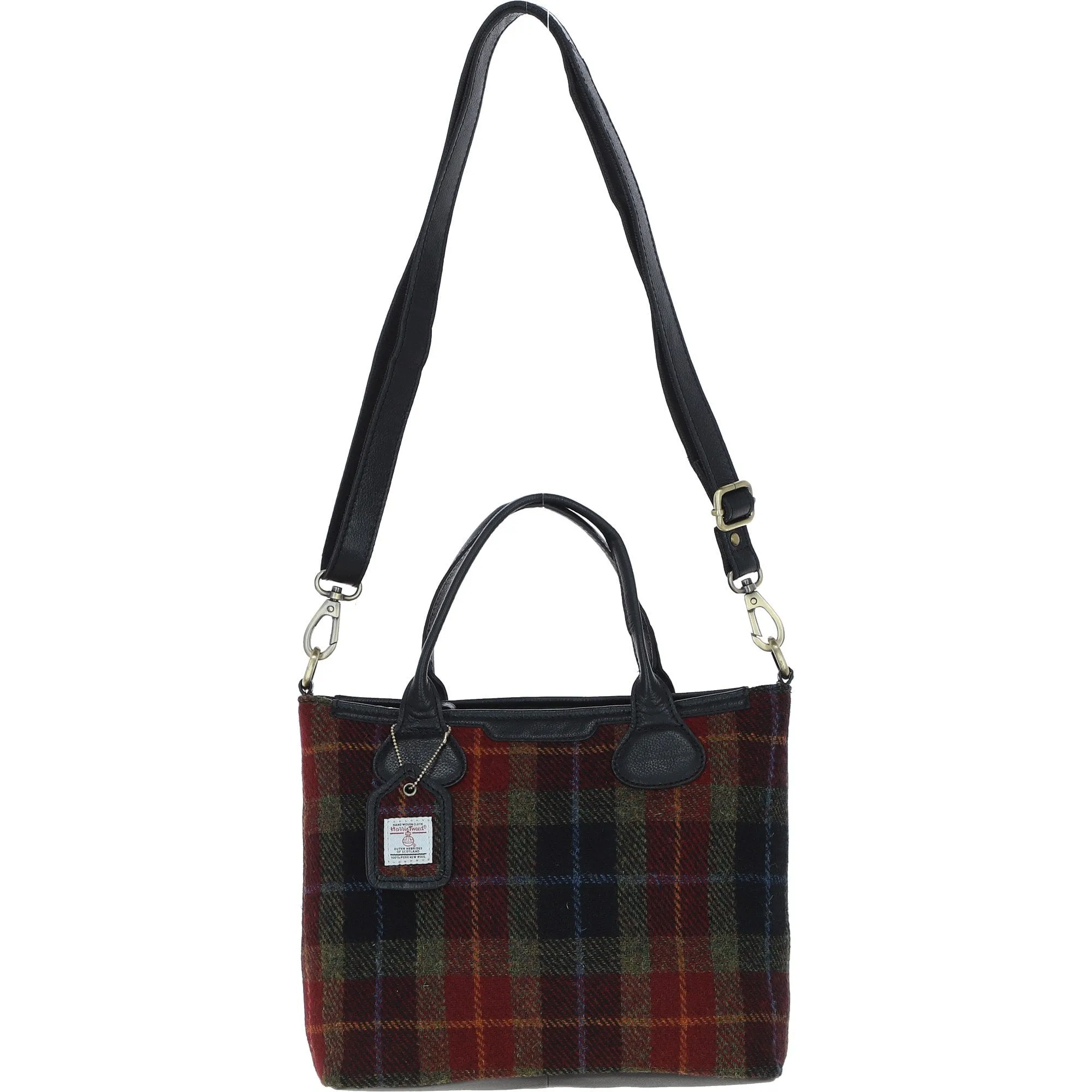 Versatile Ashwood Leather & Harris Tweed Shoulder Bag Black/Green/Red: TW-22-07-BR