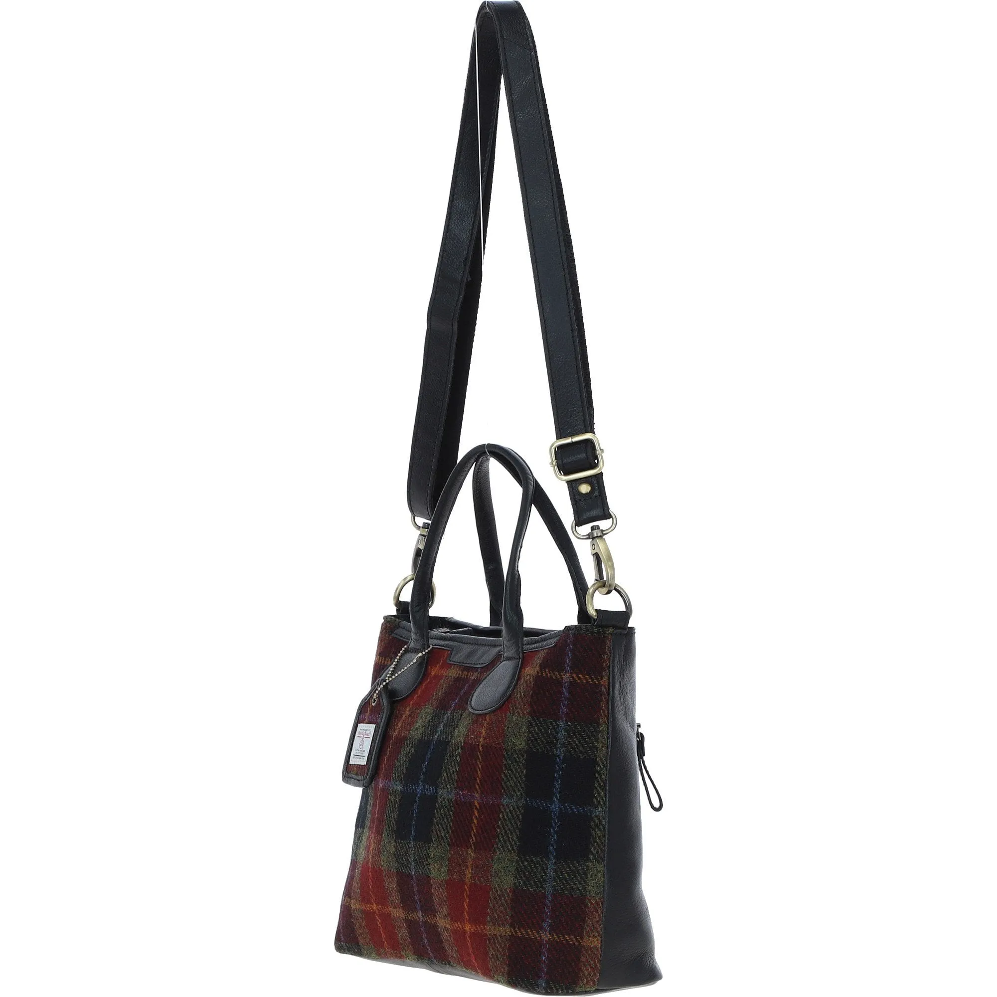 Versatile Ashwood Leather & Harris Tweed Shoulder Bag Black/Green/Red: TW-22-07-BR