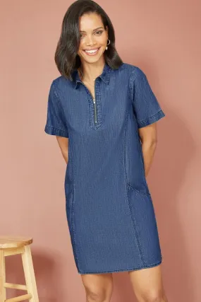 Yumi Blue Cotton Chambray Tunic With Zip Neckline